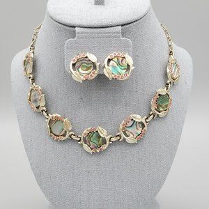 Womens Gold Tone Abalone Shell Clip On Fashion Earrings & Necklace Set 17 in